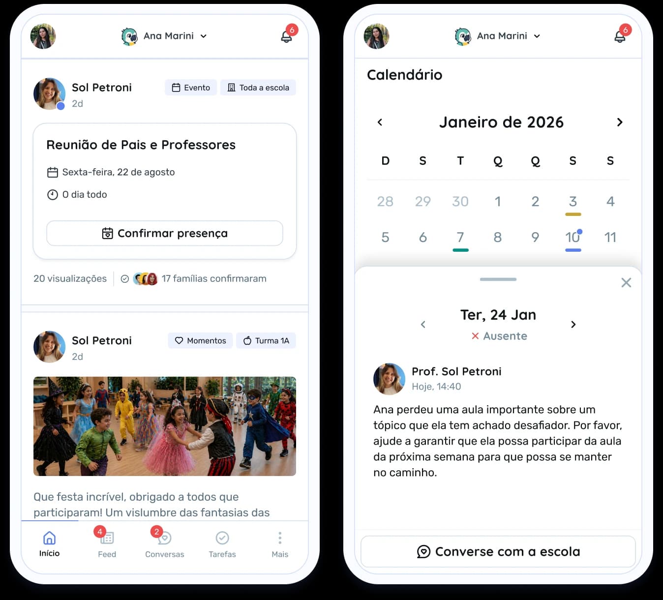 Calendário escolar e feed de comportamento no celular