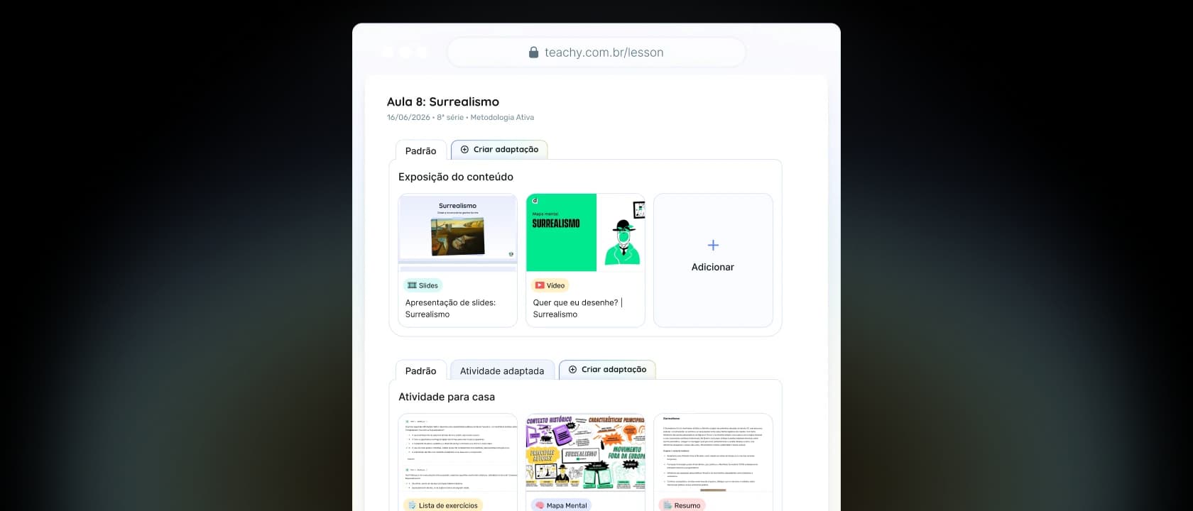 Espaço de trabalho da Teachy para a preparação de aulas