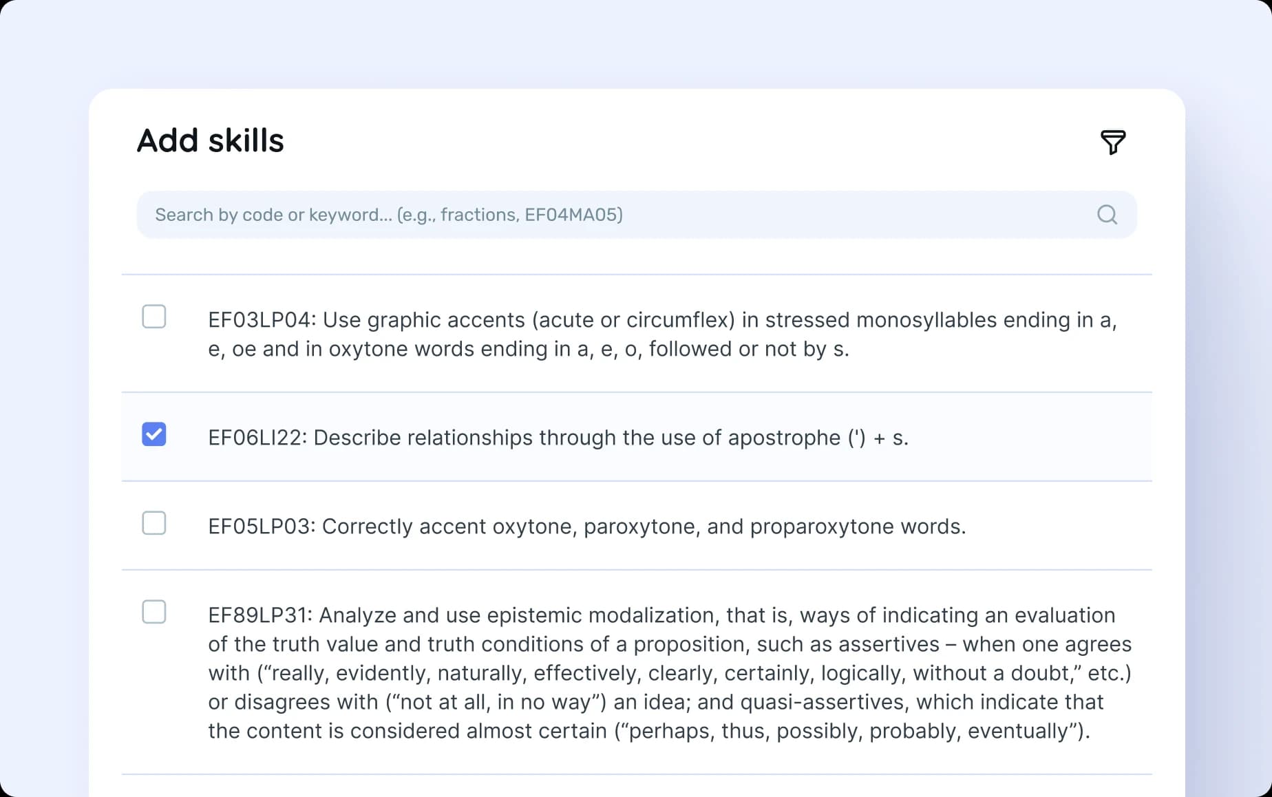 Panel with selectable curriculum skills for each material